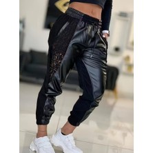 Emh Store Kadın Yüksek Bel Lastikli Yanda Dantel Detaylı Bağcıklı Deri Pantolon