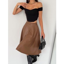 Emh Store Kadın Yüksel Bel Deri Kloş Etek