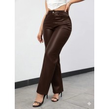 Emh Store Kadın Yüksek Bel Cepli Deri Pantolon