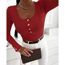 Emh Store Kadın Uzun Kollu Yakadan Açık ve Düğme Detaylı Kaşkorse Bluz