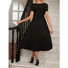 Emh Store Kadın Kısa Kollu V Yakalı Önden Pileli Midi Janjan Krep Elbise