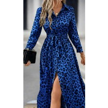 Emh Store Kadın Uzun Kollu Yakalı Belden Kuşaklı Leopar Desenli Modal Uzun Elbise