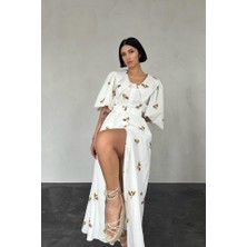 Emh Store Kahverengi Yakası Çiçek Motifli Kemerli Elbise