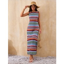 Emh Store Kadın Bisiklet Yaka Cizgi Desen Süprem Elbise