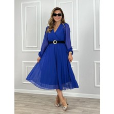 Emh Store Kadın Şifon Kumaş Astalı Kloş Kesim Kruvaze Yaka Midi Boy Elbise