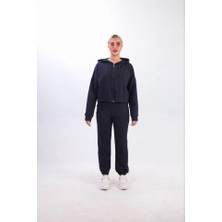 Emh Store Iki Iplik Kapüşonlu Fermuarlı Crop Oversize Hırka Takım- Lacivert