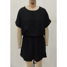 Emh Store Kadın Kısa Kollu Yuvarlak Yakalı Ithal Keten Bluz ve Short Ikili Takım