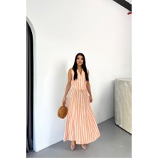 Emh Store Keten Çizgili Yelek - Uzun Etek Takım - Orange