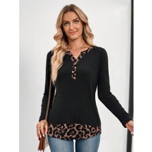 Emh Store Kadın Uzun Kollu Yakadan Düğmeli Leopar Detaylı Kaşkorse Bluz