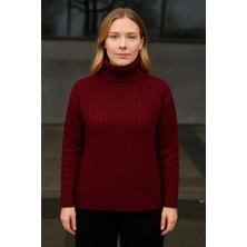 Emh Store Balıkcı Yaka Bağazlı Triko Kazak Pamuklu Kalın Fitilli Dokuma - Bordo