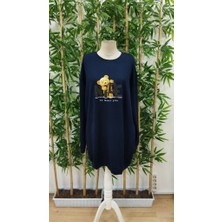 Emh Store Kadın Uzun Kollu Bisiklet Yaka Ayı Desenli Viskon Iki Iplik Elbise