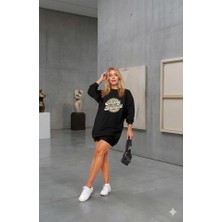 Emh Store Kadın Uzun Kollu Bisiklet Yaka Yazılı Viskon Iki Iplik Elbise