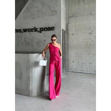 Emh Store Tek Kol Yelek - Pantolon Takım Atlas - Fuşya