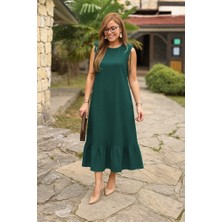 Emh Store Kadın Omuzlardan Büzgülü Kayık Yaka Fırfırlı Janjan Krep Elbise