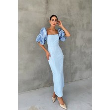 Emh Store Bebe Mavi Işlemeli Kolu Garnili Elbise