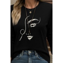 Emh Store Kadın Uzun Kollu Bisiklet Yaka Yüz Desenli Viskon Bluz