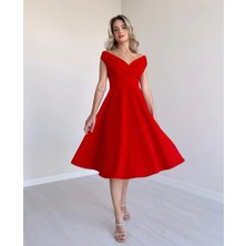 Emh Store Kadın Kısa Kollu Kruvaze Yaka Eteği Volanlı Krep Elbise