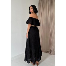 Emh Store Siyah Omzu Lastikli Brode Elbise