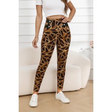 Emh Store Kadın Yüksek Bel Kaz Ayağı Desenli Yan Şerit Düğme Detaylı Dalgıç Pantolon