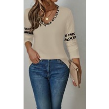 Emh Store Kadın Uzun Kollu V Yakalı Leopar Desenli Viskon Iki Iplik Bluz