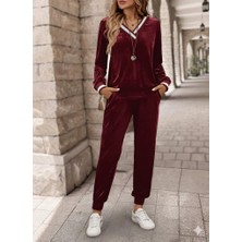 Emh Store Kadın Uzun Kollu V Yaka Kadife Bluz ve Pantolon Ikili Takım