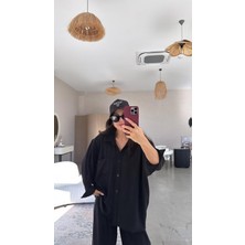 Emh Store Kadın Flamlı Keten Tek Cep Oversızed Gömlek