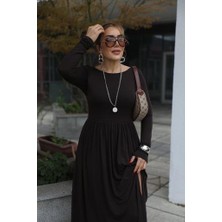 Emh Store Kadın Kayık Yaka Sırt Dekoltesi ve Yırtmaç Detay Maxi Boy Elbise