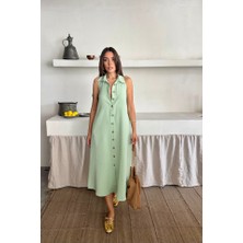 Emh Store Keten Önden Düğmeli Kolsuz Gömlek Yaka Elbise - Mint