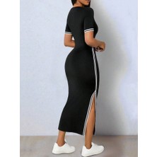 Emh Store Kadın Kısa Kollu V Yakalı Yandan Yırtmaçlı Viskon Iki Iplik Elbise