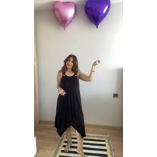 Emh Store Kadın Askılı Yuvarlak Yaka Kuş Gözü Detaylı Asimetrik Viskon Elbise