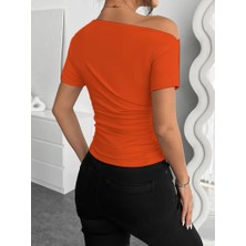 Emh Store Kadın Kısa Kollu Tek Omuzu Açık Büzgülü Viskon Bluz