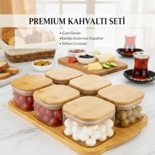 Welcomein 6'lı Bambu Vakumlu Kapaklı Standlı Borosilikat Cam Kahvaltılık Seti