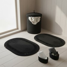 Comfort Craft Hasır / Jüt 5 Parça Siyah Trikotlu Banyo Paspas Takımı | Kirli Sepeti | Oval Sepetler