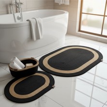 Comfort Craft Siyah Hasır / Jüt 4 Parça Hasır Şeritli Banyo Paspas Takımı | Oval Sepet, Paspas ve Dekor Seti