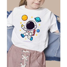 F17 Ajans Astronot Baskılı %100 Pamuk Sıfır Yaka Kız ve Erkek Çocuk Tişörtü