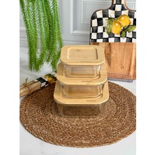 Rossev Lavi Bambu Kapaklı Kare Cam Saklama Kabı Seti 3’lü