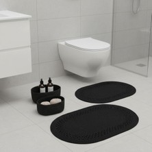 Comfort Craft Siyah Hasır / Jüt 4 Parça Trikotlu Banyo Paspas Takımı | Oval Sepet, Paspas ve Dekor Seti