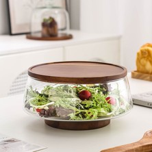 Morponi Borosilikat Camlüks  Akasya Kapaklı ve Akasya Ayaklı Cam Kase - Sunumluk-Salata Kasesi 20 cm