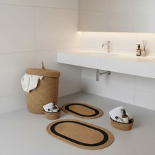 Comfort Craft Hasır / Jüt 5 Parça Siyah Şeritli Banyo Paspas Takımı | Kirli Sepeti | Oval Sepetler