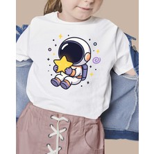 F17 Ajans Yıldız Tutan Astronot Baskılı %100 Pamuk Sıfır Yaka Kız ve Erkek Çocuk Tişörtü