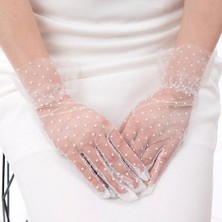 Die Grup Kısa Boy Güpürlü Beyaz Puantiyeli Tül Eldiven Beyaz Renk