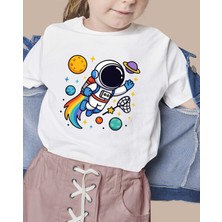 F17 Ajans Renkli Astronot Baskılı %100 Pamuk Sıfır Yaka Kız ve Erkek Çocuk Tişörtü