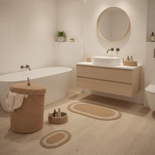 Comfort Craft Hasır / Jüt 5 Parça Beyaz Çizgili Banyo Paspas Takımı | Kirli Sepeti | Oval Sepetler