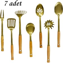 Store Ahşap Saplı Paslanmaz Çelik Gold Servis Seti Lüks Pişirme Seti Ahşap Saplı Altın Renkli Servis Seti