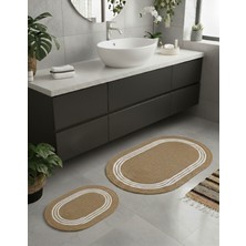 Comfort Craft Hasır Beyaz Çizgili / Jüt 4 Parça Çizgili Banyo Paspas Takımı | Oval Sepet, Paspas ve Dekor Seti