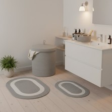 Comfort Craft Hasır / Jüt 5 Parça Gri Beyaz Şeritli Banyo Paspas Takımı | Kirli Sepeti | Oval Sepetler