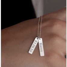 Myz Takı Dikdörtgen Blok Formlu Kişiye Özel Isim Tarihli 925 Ayar Gümüş Kadın Kolyesi