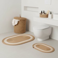Comfort Craft Hasır / Jüt 5 Parça Beyaz Şeritli Banyo Paspas Takımı | Kirli Sepeti | Oval Sepetler