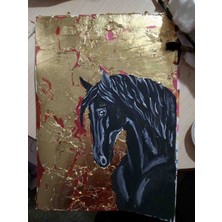 Altın Varaklı Siyah At Tablosu | El Yapımı Dekoratif Duvar Tablosu