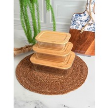 Rossev Lavi Bambu Kapaklı Dikdörtgen Cam Saklama Kabı Seti 3’lü